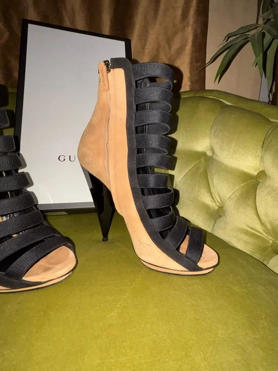 Gucci Brown/Black Suede and Fabric Olimpia Strappy Ankle Boots Size 38 - Picture 10 of 11